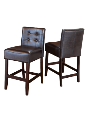 Set Of 2 Tate Tufted 26" Leather Counter Height Barstools - Brown - Christopher Knight Home