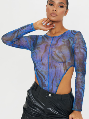 Blue Mesh Print Exposed Seam High Leg Bodysuit