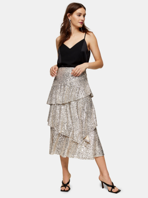 Silver Sequin Tiered Midi Skirt