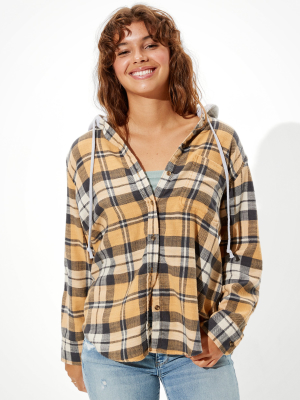 Ae Plaid Flannel Hooded Button Up Shirt