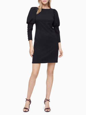 Boat Neck 3/4 Puff Sleeve Shift Dress