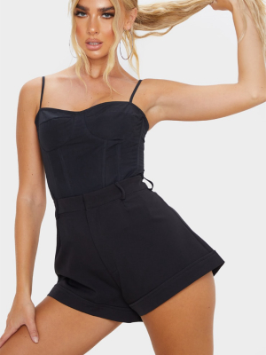 Black Woven Turn Up Hem Structured Short