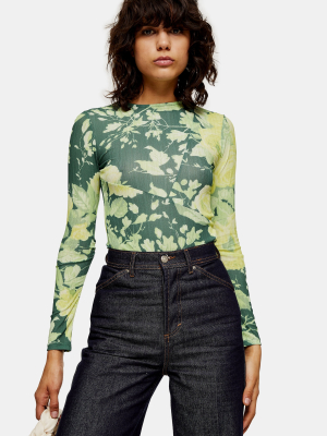 Green Floral Print Mesh Long Sleeve Top