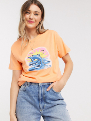 Daisy Street Relaxed T-shirt With Vacation Dolphins Print In Melon