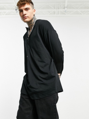 Asos Design Oversized Long Sleeve Longline T-shirt With Grandad Collar In Black