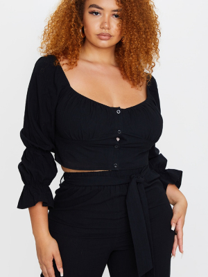 Plus Black Woven Button Front Crop Top