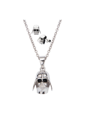 Women's 'star Wars' Darth Vader 925 Sterling Silver 3d Earrings And Pendant With Chain Set (18")