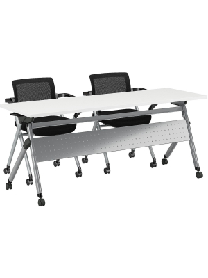 Bush Business Furniture Training Room Table With Two Folding Chairs, 23.35 X 71.02, White Ftr002wh