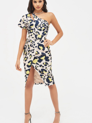 Cut Out One Shoulder Satin Wrap Dress In Leopard Print