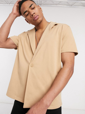 Asos Design Heavyweight Jersey Shirt With Revere Collar Polo In Tan