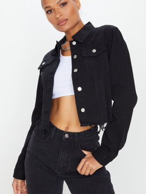 Black Basic Raw Hem Cropped Denim Jacket