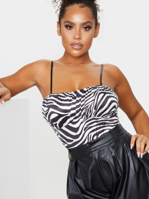 White Slinky Ruched Bust Zebra Print Bodysuit