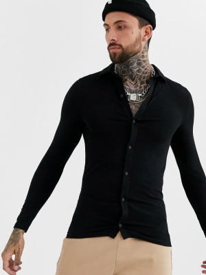 Asos Design Organic Muscle Fit Long Sleeve Jersey Shirt In Black