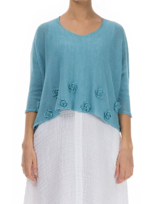 Flowers Decorated Turquoise Linen Jumper