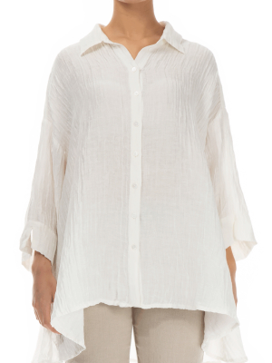 Loose Crinkled White Silk Linen Shirt