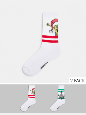 Asos Design Sport Socks With Christmas Spongebob 2 Pack