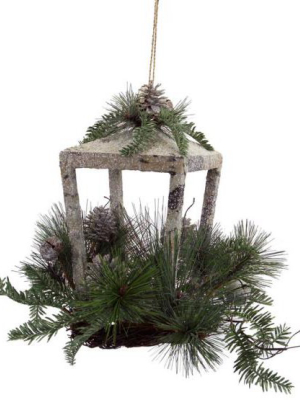 Melrose 12" Glittered Christmas Candle Lantern With Foliage, Pine Cones And Jingle Bells - White/brown