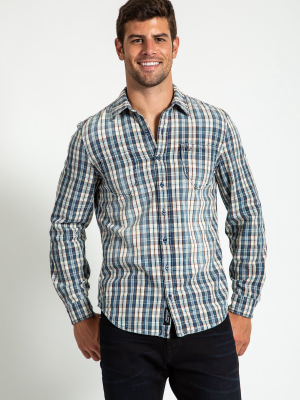 Woven Plaid Shirt In Trucker Blue