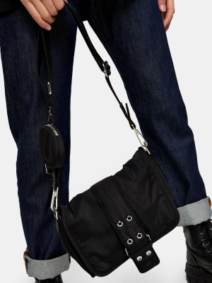 Considered Black Buckle Nylon Cross Body Bag