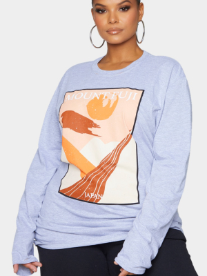 Plus Grey Mount Fuji Printed Long Sleeve T-shirt