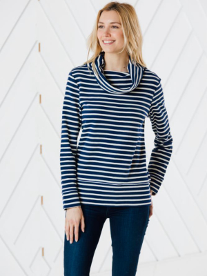 Navy & White Stripe Cowl Neck Pullover