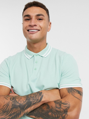 Asos Design Tipped Pique Polo Shirt In Pastel Green