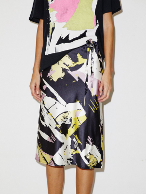 Silk Drawstring Skirt In Black Torn Print