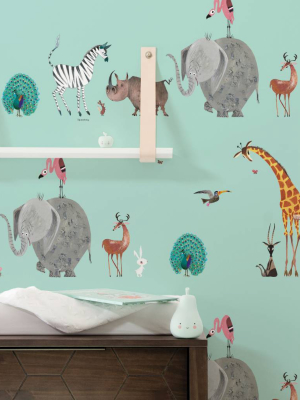 Animal Mix Kids Wallpaper In Mint By Kek Amsterdam