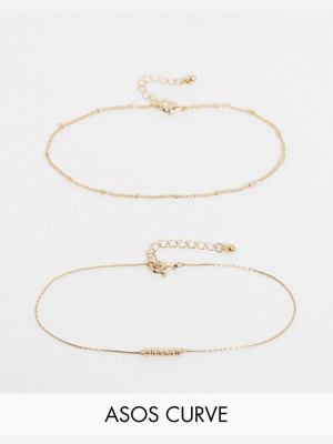 Asos Design Curve Pack Of 2 Fine Ball Charm Anklets In Gold Tone