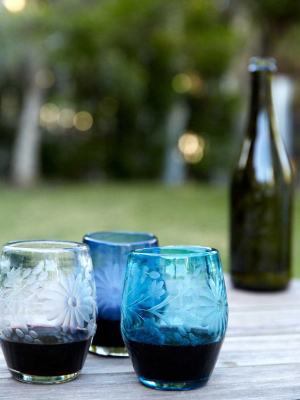 Etched Stemless Wine Glass - Aqua