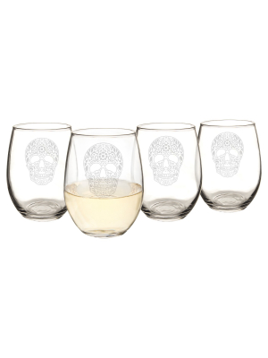 Halloween Sugar Skull Stemless Wine Glasses - 4ct