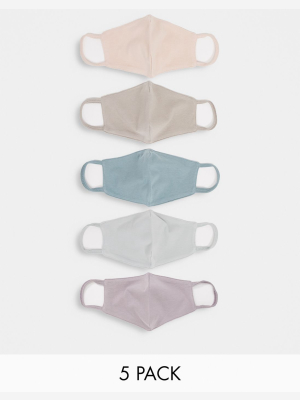 Asos Design 5-pack Organic Cotton Triple Layer Jersey Face Covering In Blue And Beige Tones