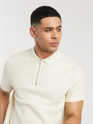 Asos Design Jersey Heavyweight Waffle Polo With Zip In Beige