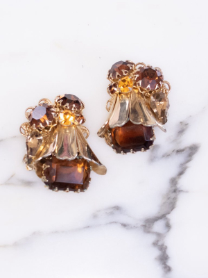 Vintage Amber And Smokey Topaz Crystal Statement Earrings