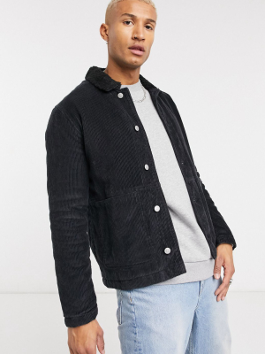 Asos Design Cord Worker Shacket With Fleece Collar In Black
