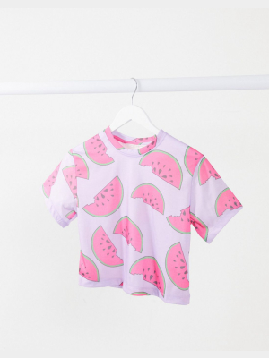 Outrageous Fortune Sleepwear Cropped T-shirt In Lilac Watermelon Print