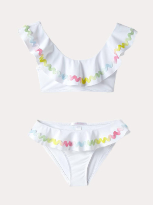 Stella Cove Girls' White With Rainbow Rick Rack Bikini