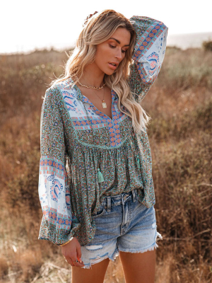 Deep Water Floral Tassel Top