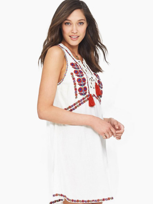 Sedona Embroidered High Neck Mini Dress - White Floral Print