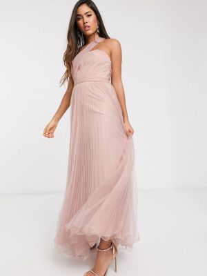 Asos Design One Shoulder Tulle Wired Hem Maxi Dress In Mink