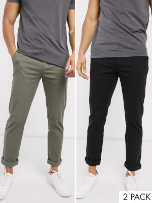 Asos Design 2 Pack Slim Chinos In Washed Khaki & Black Save