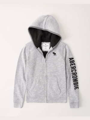 Sherpa-lined Full-zip Embroidered Logo Hoodie