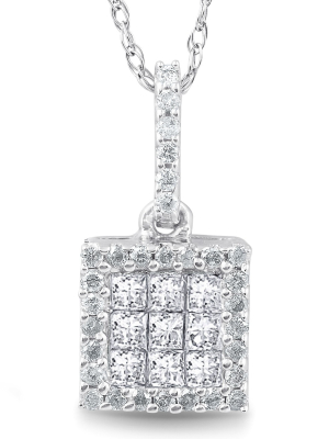 Pompeii3 3/8 Cttw Princess Cut Pave Diamond Halo Pendant 10k White Gold 3/4" Tall