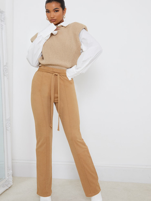 Camel Pintuck Detail Tie Front Straight Leg Pants