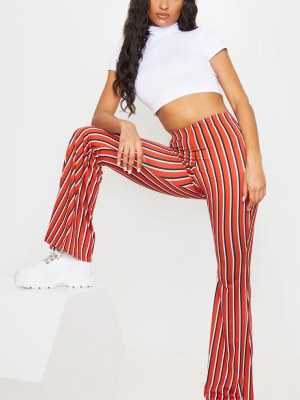 Red Jersey Vertical Stripe Flared Pants