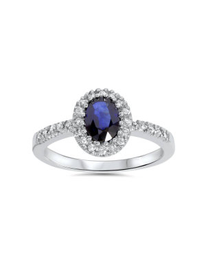 Pompeii3 3/4ct Oval Blue Sapphire Halo Diamond Ring 14k White Gold