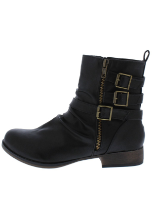 Monique038 Black Pu Ruched Multi Buckle Boot