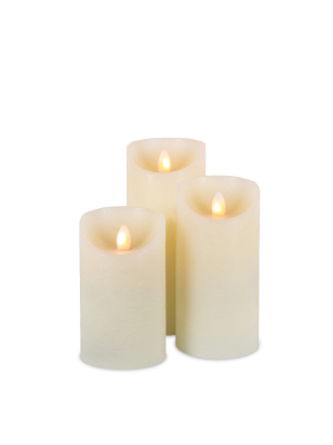 Everlasting Glow Set Of Three 3 Bisque Led Pillar Candles With Aurora® Flame And Remote Control.