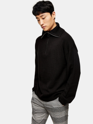 Black High Zip Neck Knitted Sweater