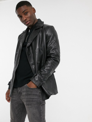 Asos Design Leather Peacoat In Black